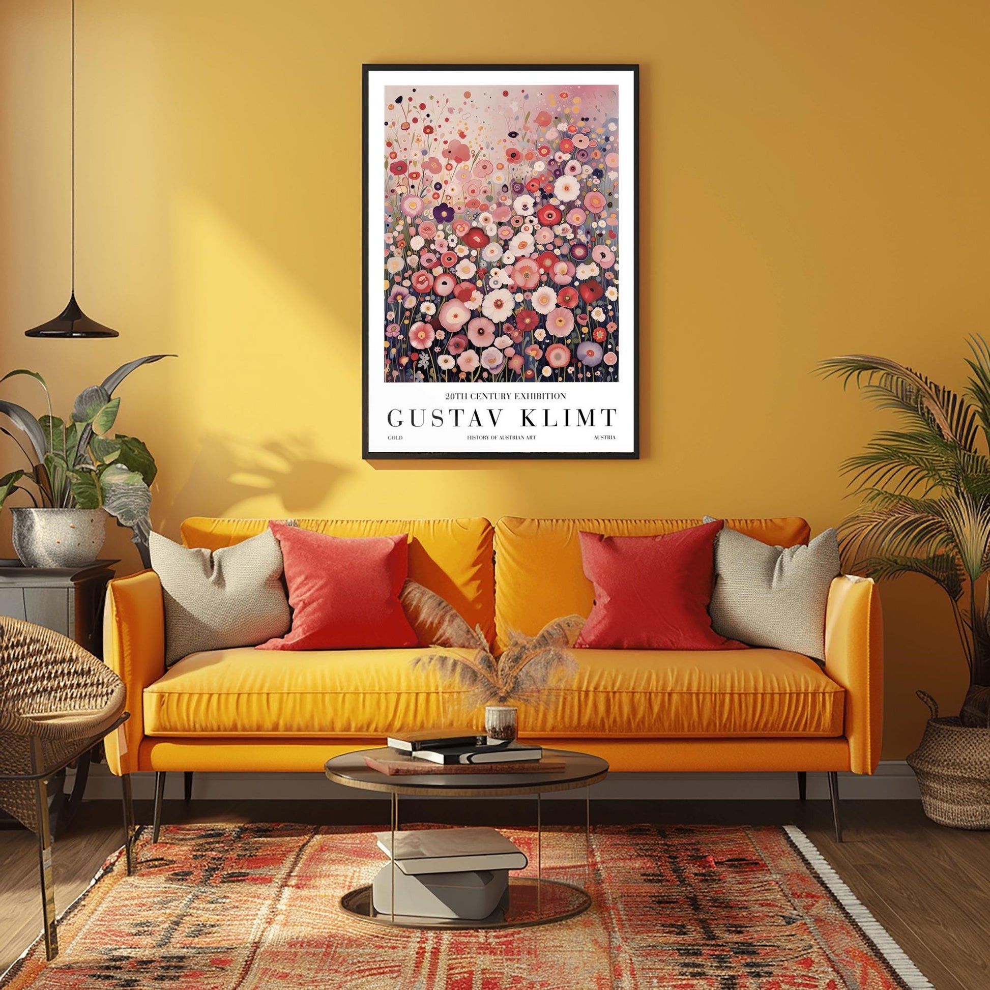 A vertical fine art painting in the style of Gustav Klimt. A dense field of stylized, circular wildflowers in shades of pink, rose, peach, and white fills the bottom two-thirds of the canvas. The background is a misty, textured gradient of soft pink and grey. The style is highly decorative with mosaic-like floral patterns and subtle golden highlights.