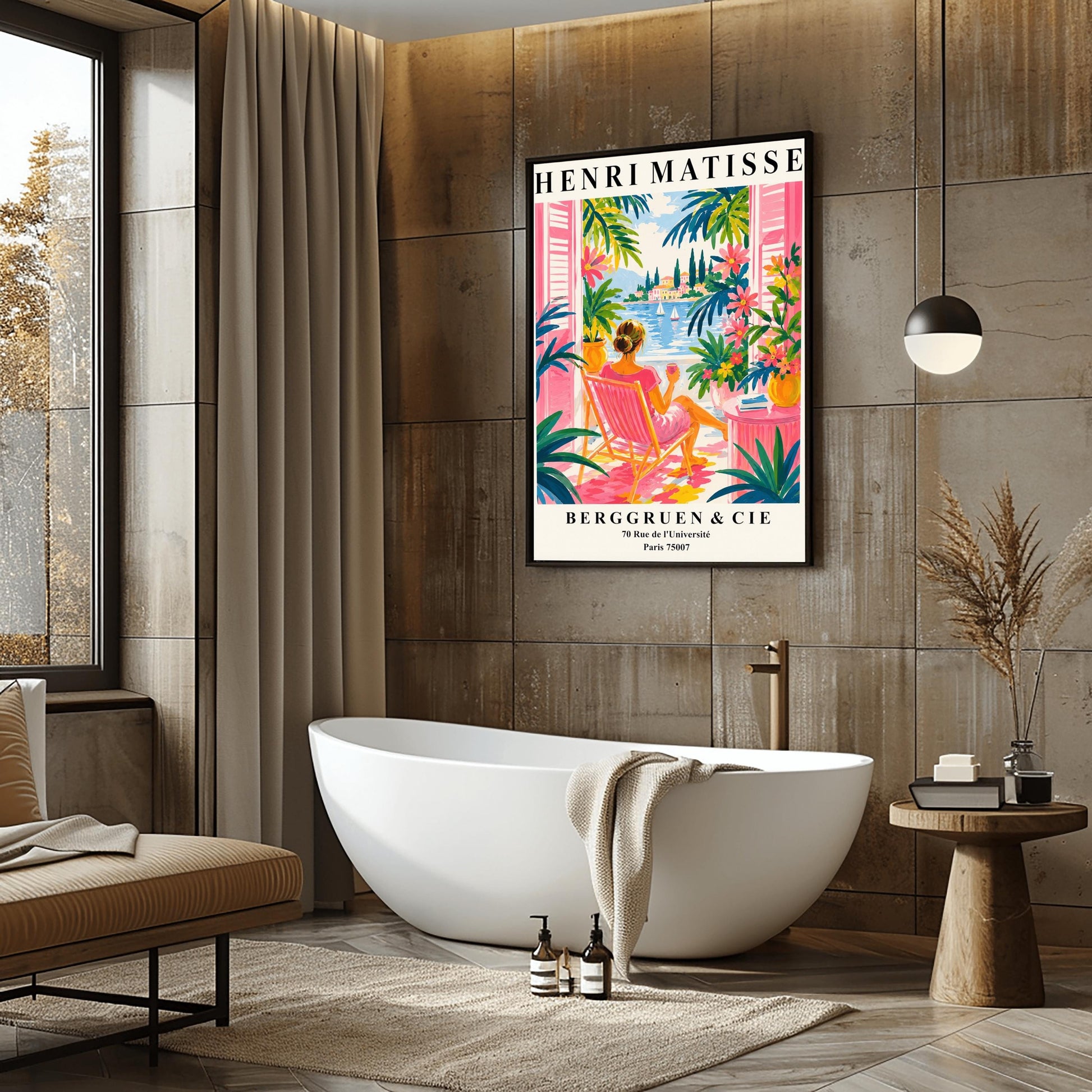 A vertical minimalist fine art exhibition poster in the style of Henri Matisse, featuring a wide white border layout. In the center, a simple black line drawing outlines a woman in a reclining, relaxed pose resting on her side. The illustration is framed by large, flat abstract paper-cut shapes, including a solid terracotta red background block beneath the figure and an organic royal blue coral leaf on the left against a solid white backdrop.