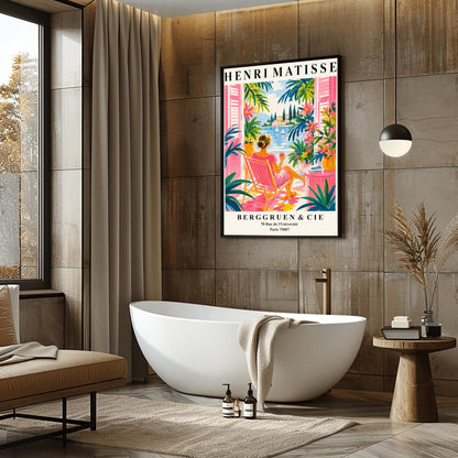 A vertical minimalist fine art exhibition poster in the style of Henri Matisse, featuring a wide white border layout. In the center, a simple black line drawing outlines a woman in a reclining, relaxed pose resting on her side. The illustration is framed by large, flat abstract paper-cut shapes, including a solid terracotta red background block beneath the figure and an organic royal blue coral leaf on the left against a solid white backdrop.