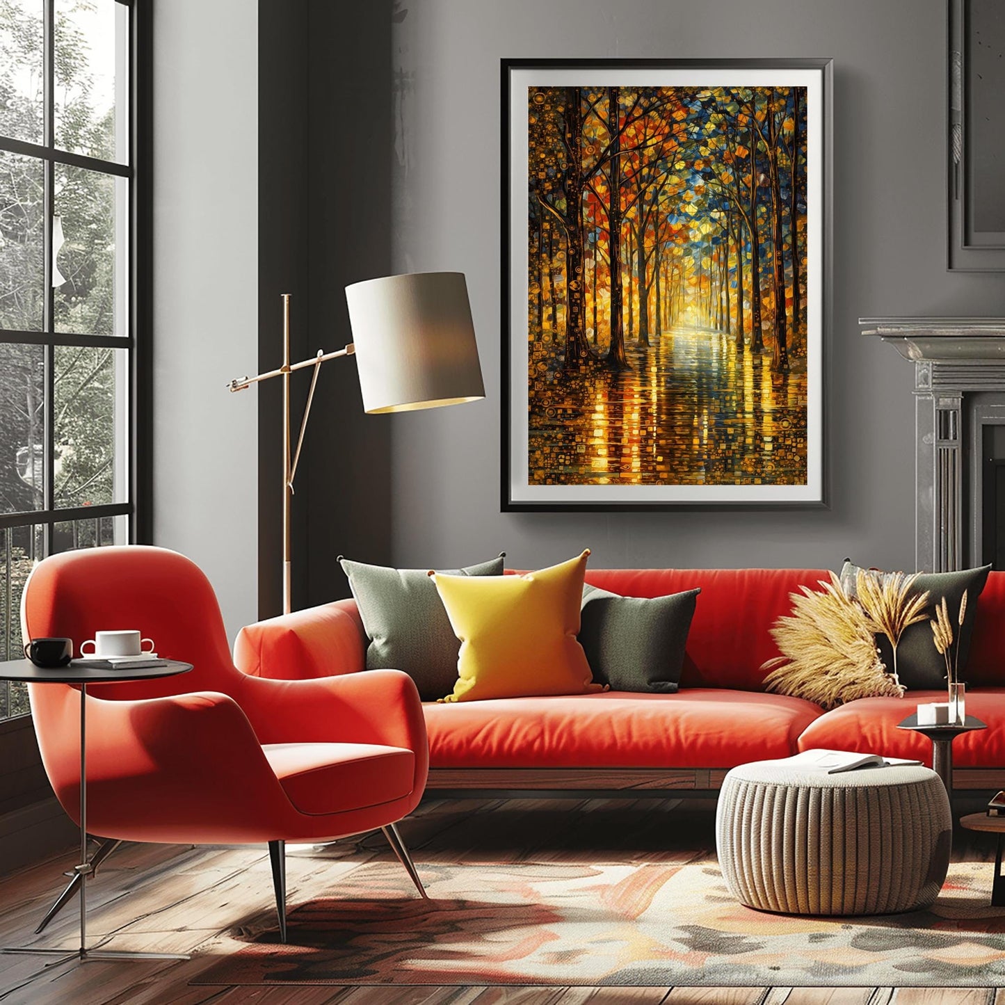 A vertical, highly detailed oil painting in the style of Gustav Klimt. A forest path lined with tall, slender trees is illuminated by a warm, golden light at the end of the corridor. The leaves are a mosaic of gold, orange, and red circles and geometric shapes. The path in the foreground is wet and reflects the brilliant colors of the trees in a shimmering, textured pattern.