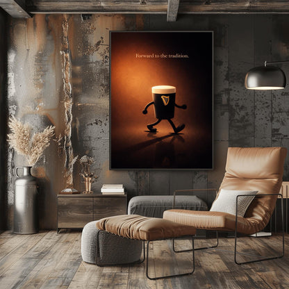 A vertical cinematic illustration of a 3D Guinness pint character with cartoon arms and legs, walking across a reflective dark floor. The background is a warm, glowing amber light. At the top, the words "Forward to the tradition." are written in a gold-colored serif font.