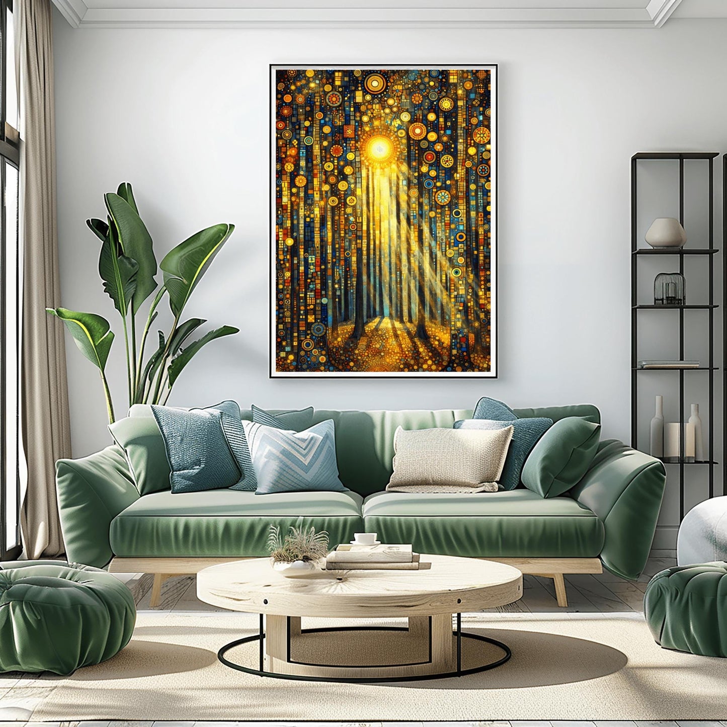 A vertical fine art print in the style of Gustav Klimt. Tall, dark tree trunks stand in a forest where the ground and sky are filled with dense gold and blue mosaic circles. A bright sun in the upper center casts long, golden pillars of light down through the trees, illuminating the patterned forest floor.