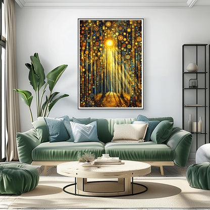 A vertical fine art print in the style of Gustav Klimt. Tall, dark tree trunks stand in a forest where the ground and sky are filled with dense gold and blue mosaic circles. A bright sun in the upper center casts long, golden pillars of light down through the trees, illuminating the patterned forest floor.