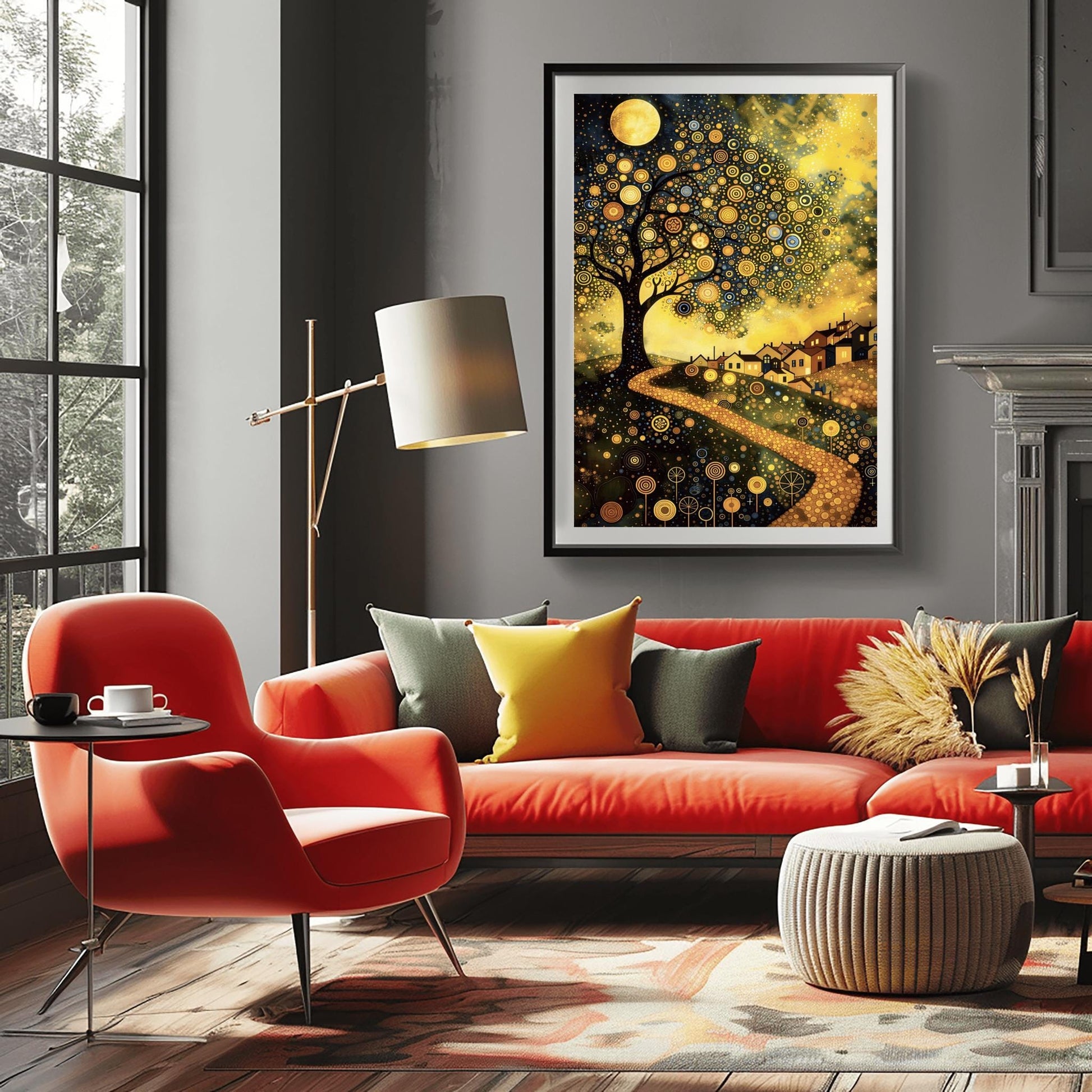 A vertical fine art painting in the style of Gustav Klimt. A large tree on the left is covered in golden concentric circles and spirals. A golden, mosaic-textured path winds through dark hills toward a village with lit windows under a full moon. The sky is dark blue with swirling golden stardust patterns. The foreground is decorated with stylized golden flowers.