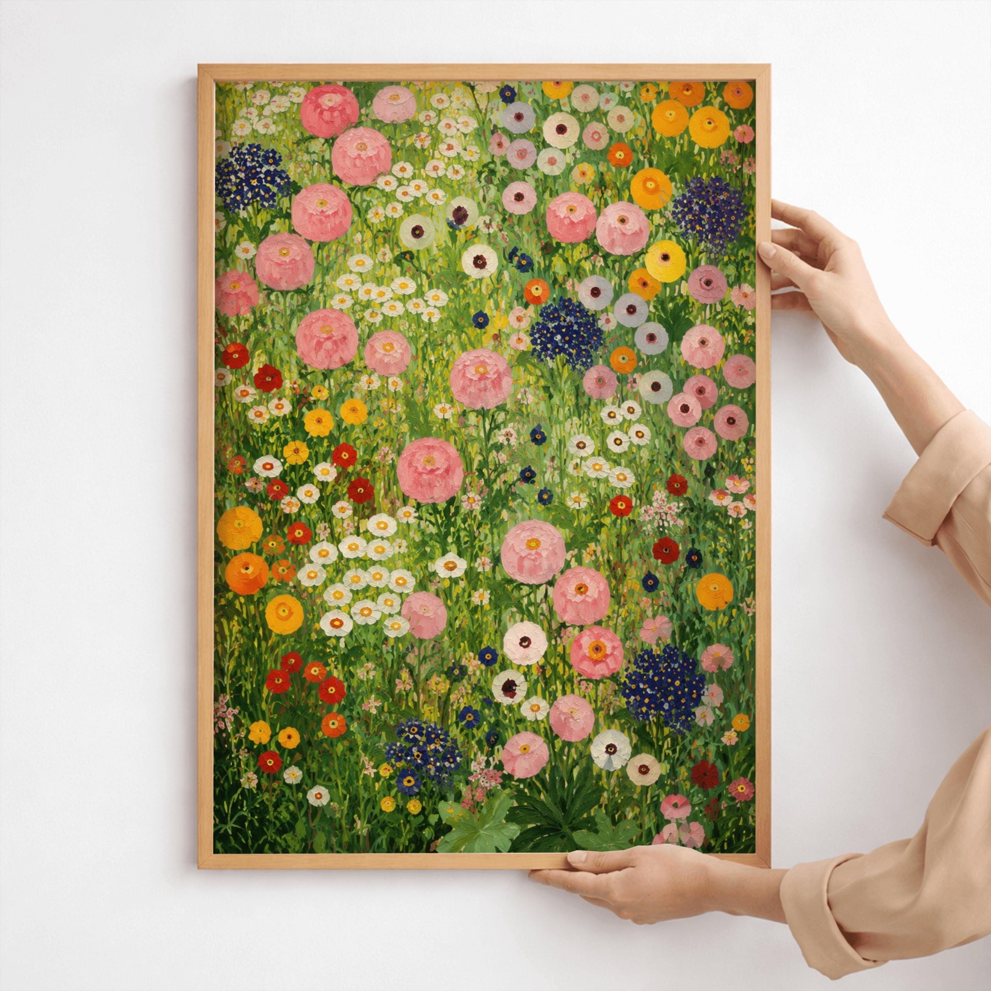A vertical full-bleed painting in the style of Gustav Klimt showing a dense, vibrant meadow of wildflowers. The entire frame is filled with an intricate, mosaic-like arrangement of thickly painted flowers, including large clusters of white and cream blossoms at the top, a dense field of orange and white poppies to the right, and deep purple and magenta pansies near the bottom, all set against a textured emerald and chartreuse green background.