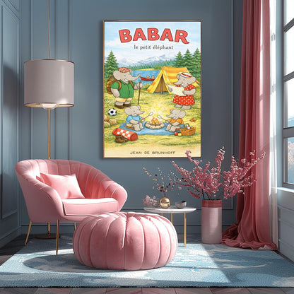 A vertical children's illustration poster titled "BABAR le petit éléphant" at the top in red. It features an elephant family camping by a lake. A large elephant (Babar) in a green shirt stands to the left with a backpack and walking stick. Another large elephant (Celeste) in a red polka-dot dress looks at a map near a yellow tent. Two small elephants sit in the foreground roasting marshmallows over a campfire. The background shows a lake with a red canoe and snow-capped mountains.