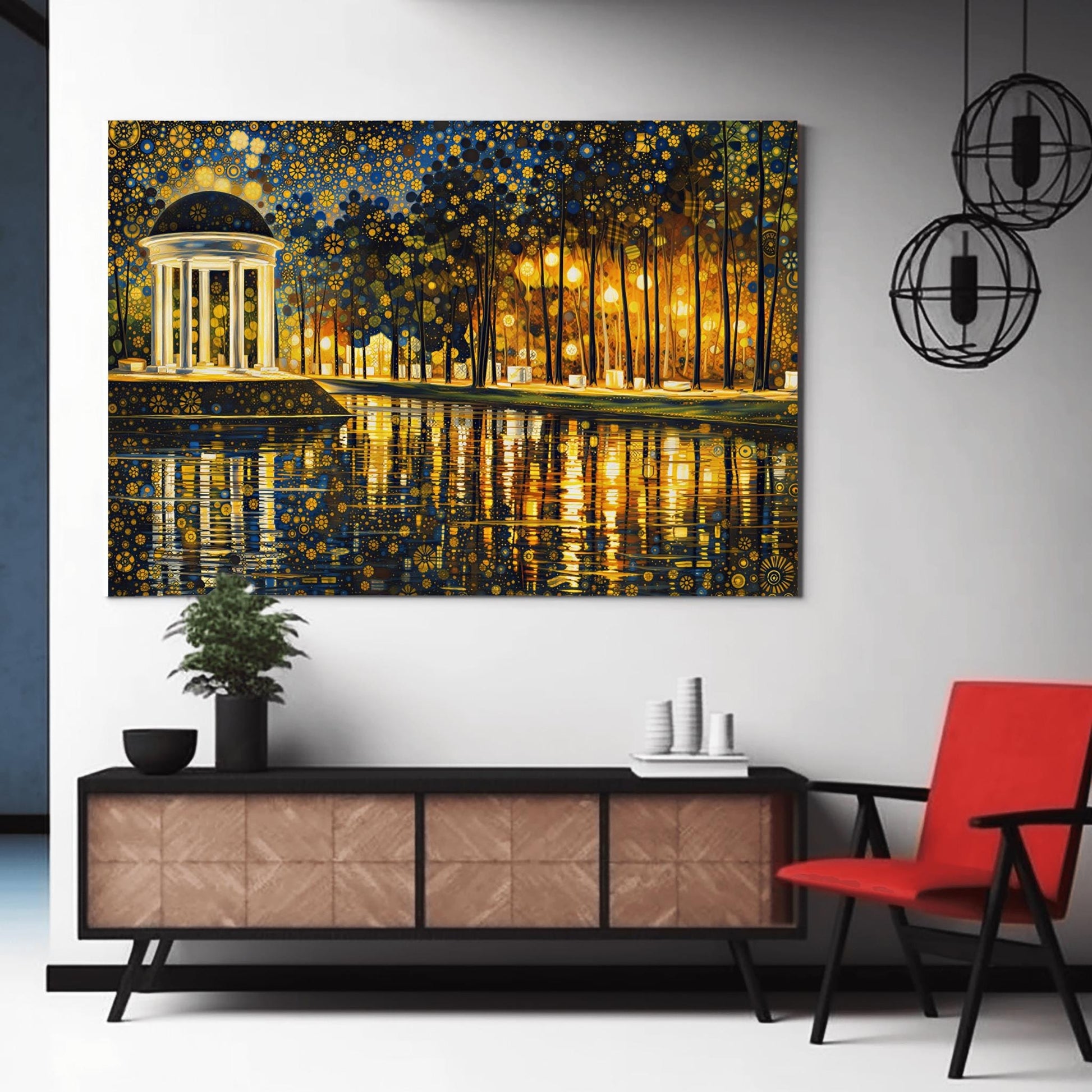 A horizontal fine art print in the style of Gustav Klimt. On the left, a white classical domed pavilion with columns glows brightly. It sits beside a dark lake that reflects the light in golden ripples. To the right is a forest of thin trees. The entire sky is a dense mosaic of golden flower patterns and stars.