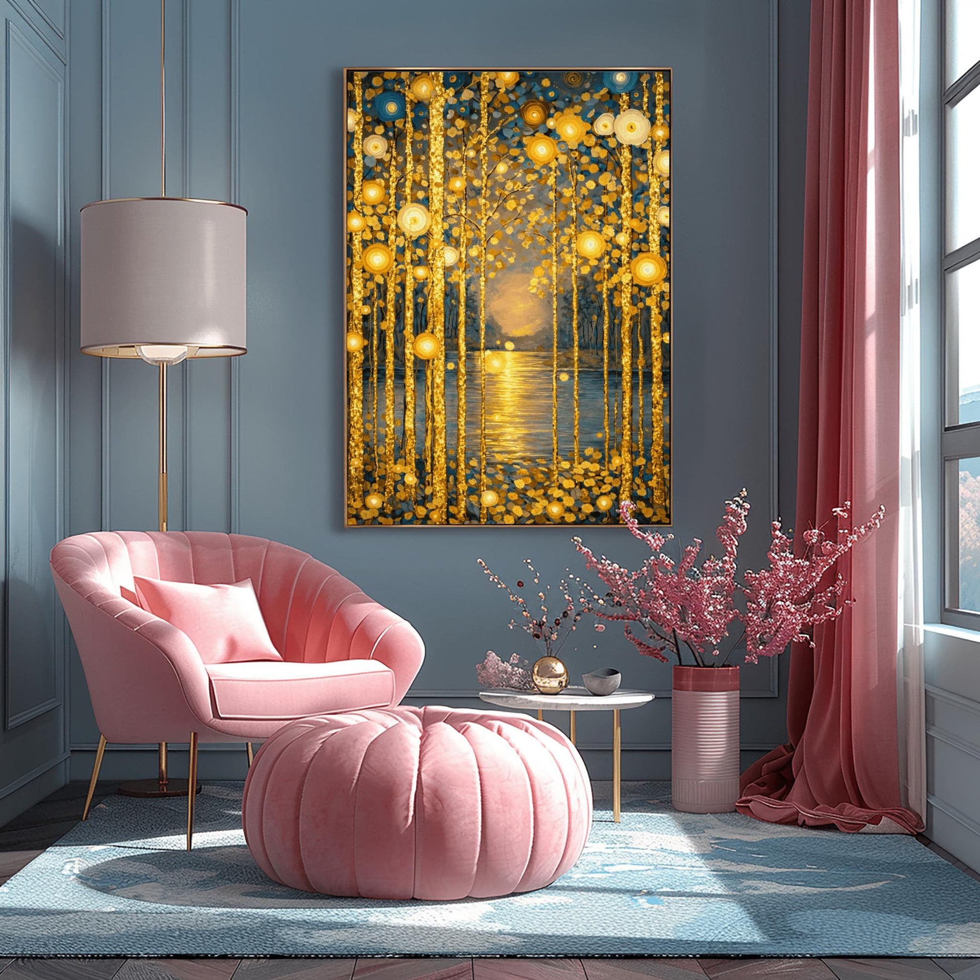 A vertical fine art print in the style of Gustav Klimt. Several slender tree trunks made of sparkling gold leaf stand in the foreground. They are adorned with glowing gold and ivory circular patterns. A calm river in the center reflects a soft, hazy golden sun on the horizon. The background is a soft blue-grey.