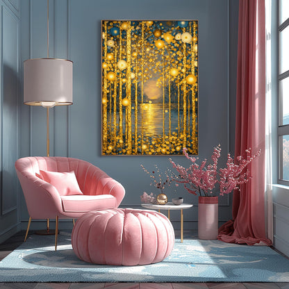 A vertical fine art print in the style of Gustav Klimt. Several slender tree trunks made of sparkling gold leaf stand in the foreground. They are adorned with glowing gold and ivory circular patterns. A calm river in the center reflects a soft, hazy golden sun on the horizon. The background is a soft blue-grey.