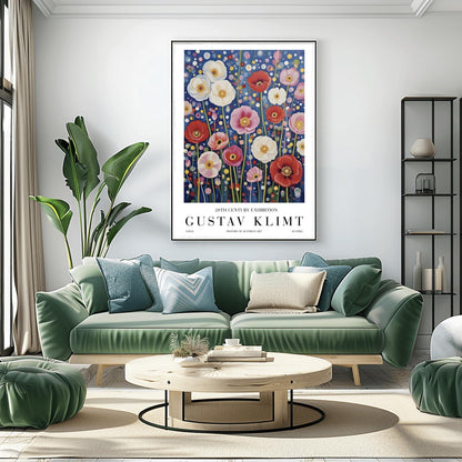 A vertical exhibition-style poster featuring a field of poppies in the style of Gustav Klimt. Large white, red, and pink flowers bloom on slender green stems against a dark navy background filled with shimmering gold and cream mosaic dots. The bottom margin features elegant typography reading "GUSTAV KLIMT" and "20TH CENTURY EXHIBITION."