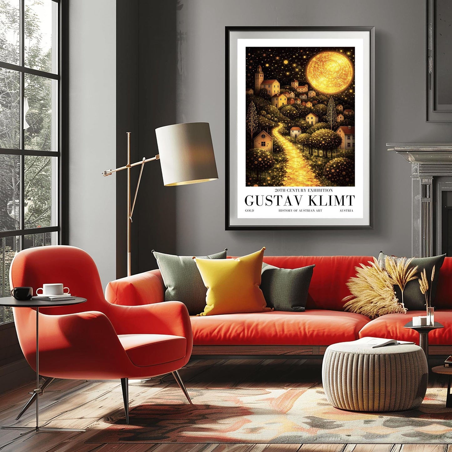 A vertical fine art landscape in the style of Gustav Klimt. A huge, textured golden moon shines in a starry night sky. A glowing golden path winds up a hillside past trees filled with shimmering golden dots toward a village of small houses with lit windows.