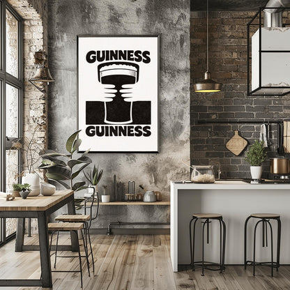 A vertical black and white minimalist graphic. Two white hands hold a central pint of Guinness from both sides. The word "GUINNESS" appears in bold black text both at the top and the bottom of the cream-colored background.