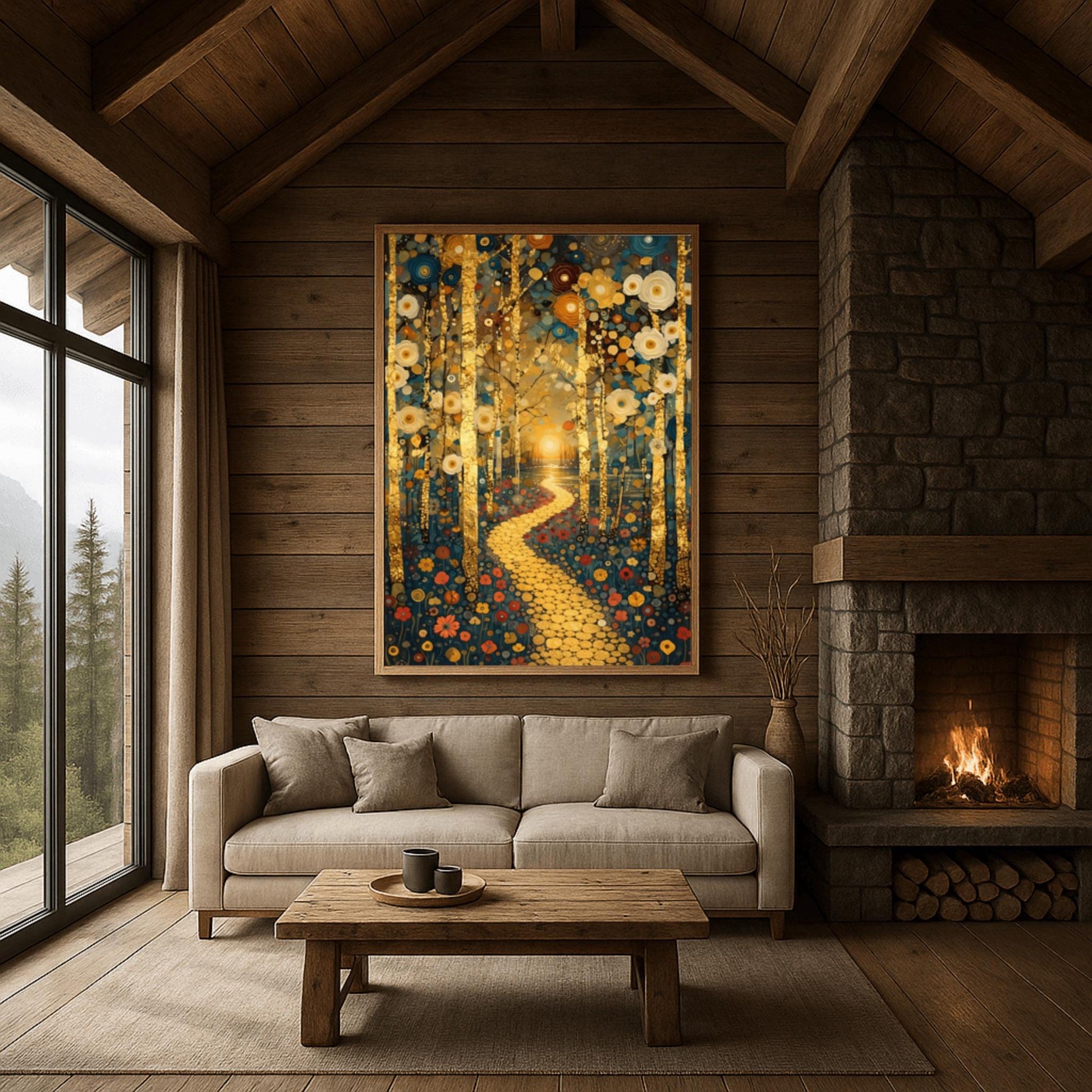 A vertical fine art landscape in the style of Gustav Klimt. Textured gold leaf birch trees frame a winding path made of golden mosaic discs. The path leads toward a sun setting over a lake in the background. The scene is filled with stylized flowers on the ground and decorative blue and cream circular motifs in the sky.