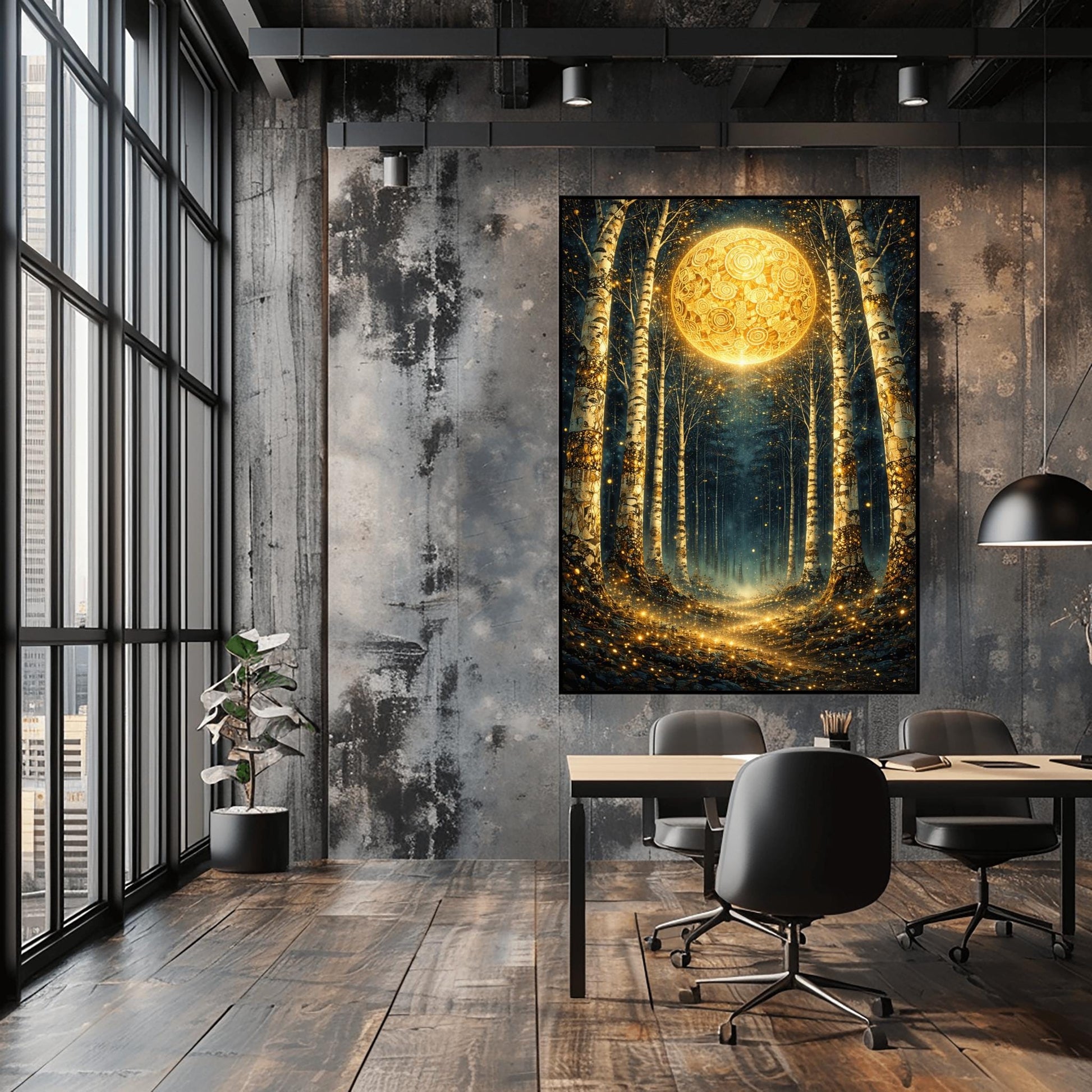 A vertical digital illustration of a birch forest at night. A large, ornate golden moon with swirling patterns glows at the end of a path. The white birch trees are speckled with gold. The ground is covered in sparkling golden lights against a deep dark blue background.