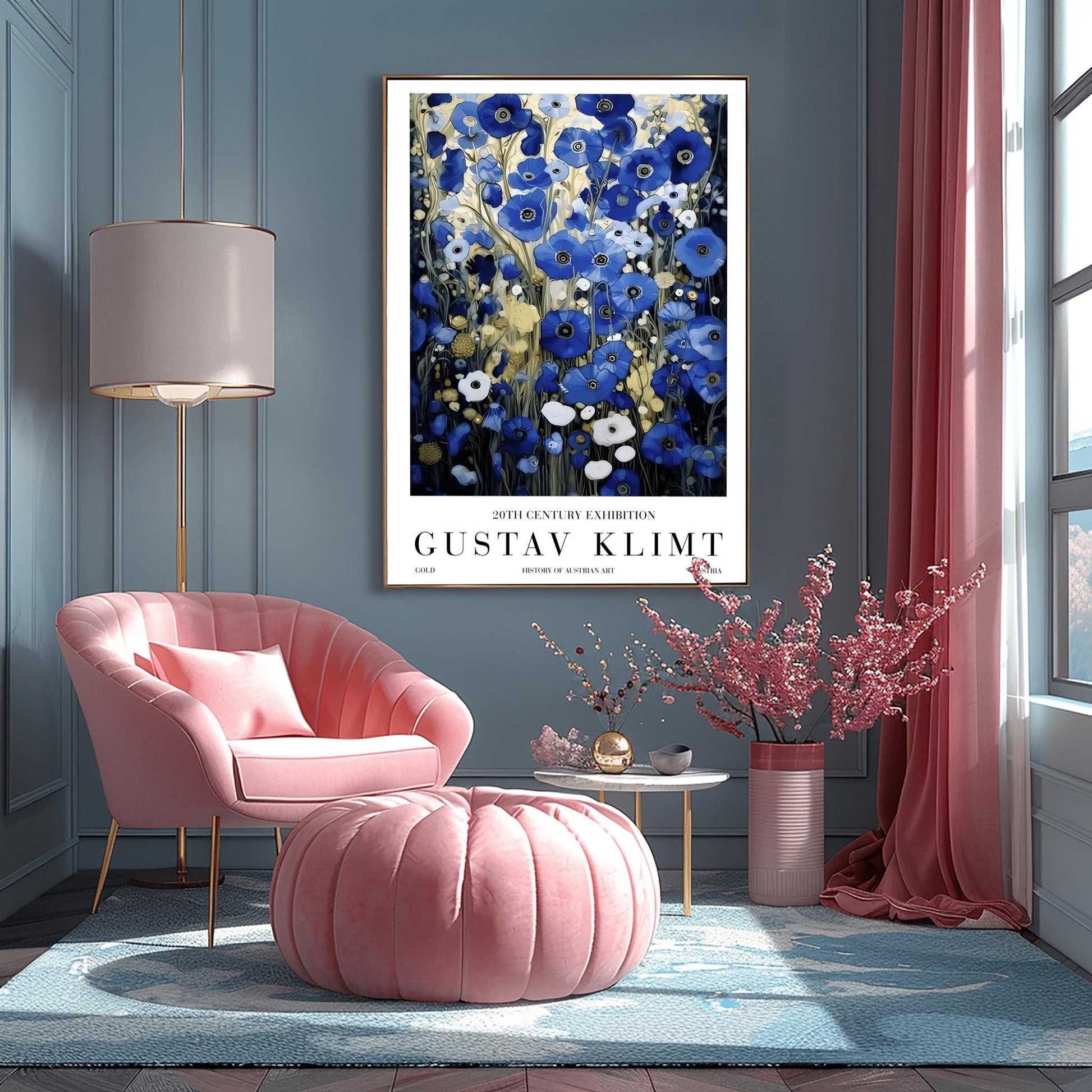 A vertical, highly detailed oil painting in the style of Gustav Klimt. The image is filled with a dense field of blue poppies in shades of cobalt, navy, and light blue. The flowers have dark centers and are surrounded by abstract cream and amber foliage. The brushwork is thick and textured, giving the appearance of a rich mosaic tapestry of flowers.