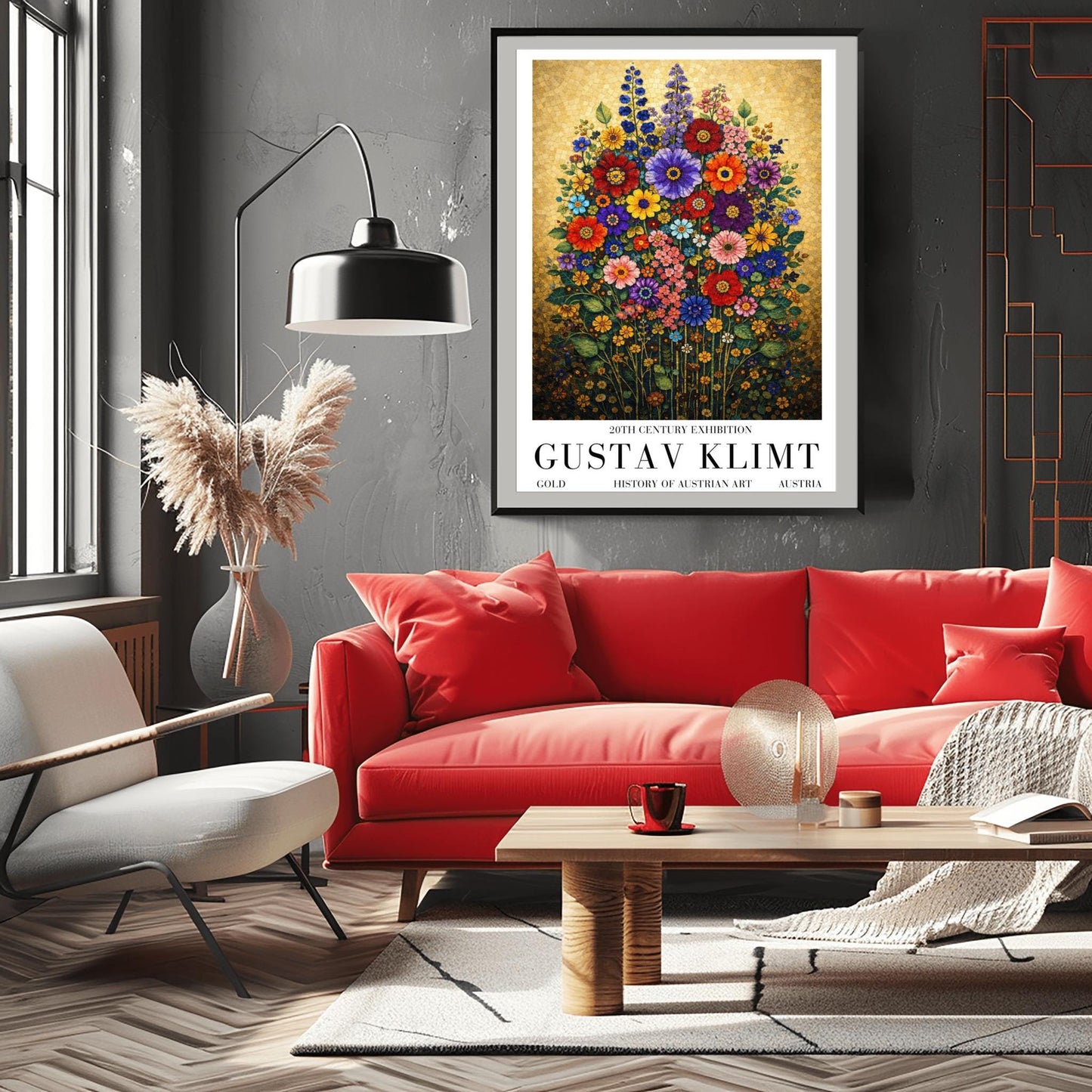 A vertical art print in the style of Gustav Klimt featuring a dense bouquet of colorful wildflowers. The flowers, including red, purple, and orange zinnias and tall blue delphiniums, are rendered as intricate mosaics with geometric patterns. The entire arrangement is set against a shimmering, gold-tiled background that glows with metallic light. The style is highly decorative, maximalist, and vibrant.