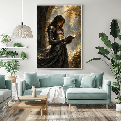 A vertical art print featuring a woman in full medieval steel armor standing under a stone archway. She has long dark hair and is looking down, reading an open book held in her armored hands. The style is painterly with heavy textures. Warm, dappled golden sunlight filters through leaves in the background, reflecting off her polished armor. She wears a long, dark flowing cloak.