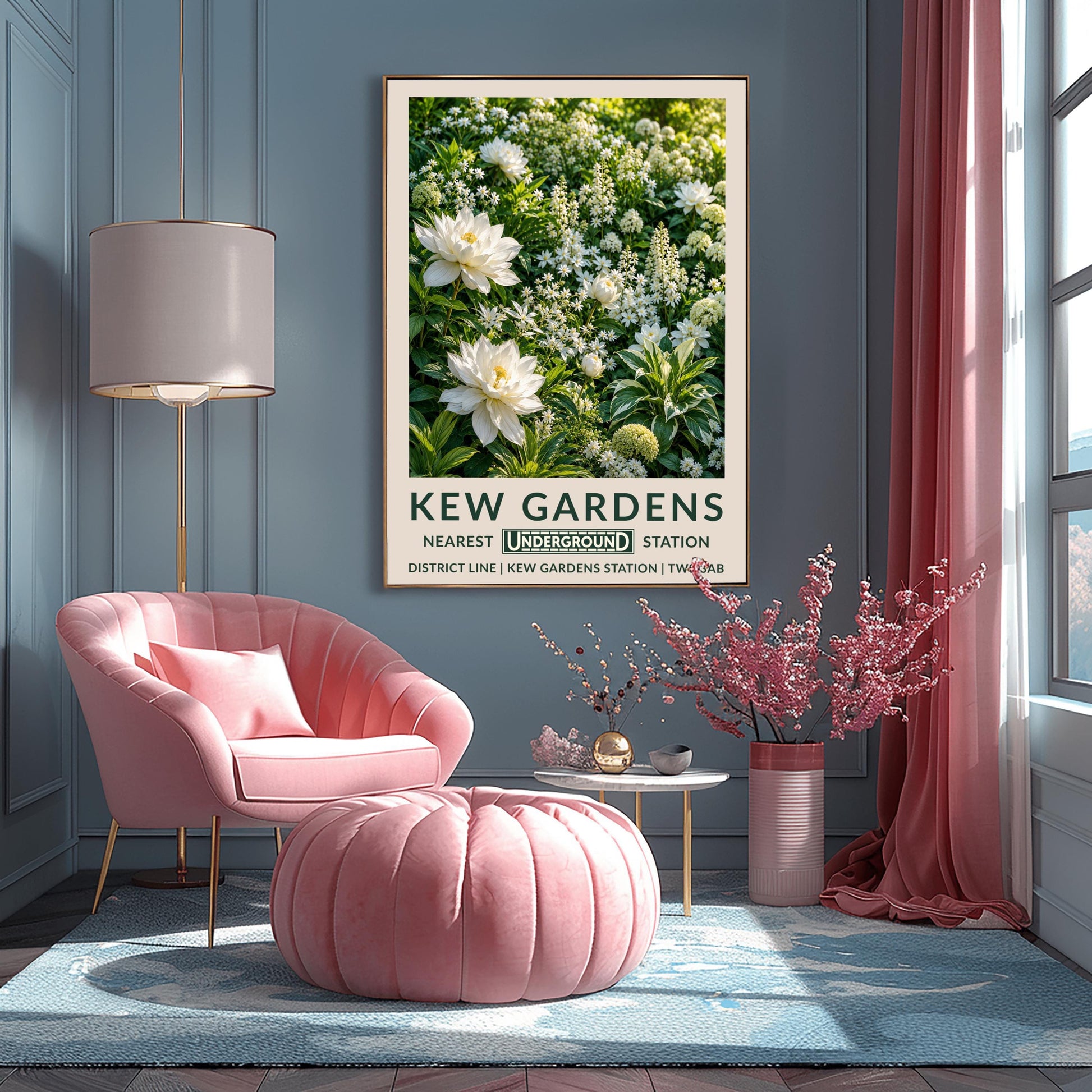 A vertical retro London Underground travel poster for Kew Gardens on a wide cream border. The top image shows a close-up, highly detailed illustration of a dense summer garden border entirely filled with white flowers. Two large, fully bloomed white dahlias with soft yellow centers dominate the lower left side. The background is packed with starry white wildflowers, vertical white flower spires, round chartreuse hydrangeas, and variegated green-and-white leaves.