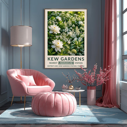 A vertical retro London Underground travel poster for Kew Gardens on a wide cream border. The top image shows a close-up, highly detailed illustration of a dense summer garden border entirely filled with white flowers. Two large, fully bloomed white dahlias with soft yellow centers dominate the lower left side. The background is packed with starry white wildflowers, vertical white flower spires, round chartreuse hydrangeas, and variegated green-and-white leaves.