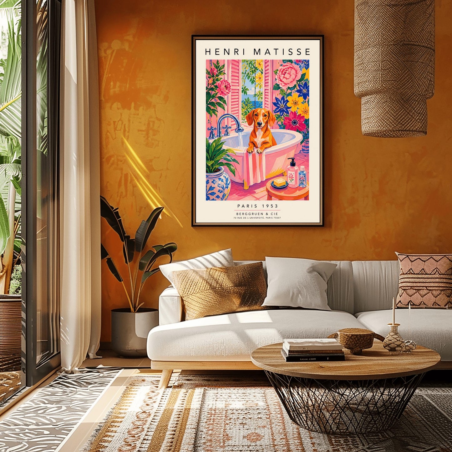 A vertical maximalist art print styled as a Henri Matisse exhibition poster. A brown Dachshund dog sits in a pink bathtub while water pours from a silver faucet. The room features vibrant pink walls and floors, decorated with very large pink, blue, and yellow flowers. A blue and white floral pot sits in the foreground along with a small stool holding soap and bottles. An open window in the background shows a blue sea and green leaves.