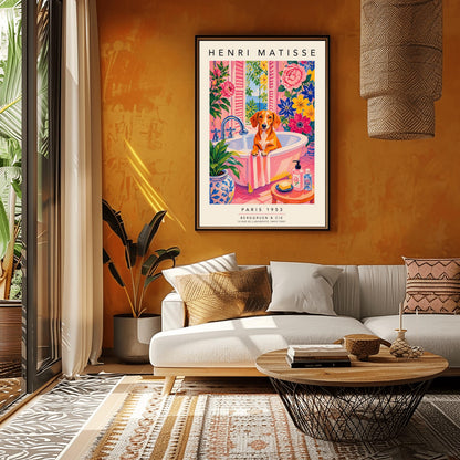 A vertical maximalist art print styled as a Henri Matisse exhibition poster. A brown Dachshund dog sits in a pink bathtub while water pours from a silver faucet. The room features vibrant pink walls and floors, decorated with very large pink, blue, and yellow flowers. A blue and white floral pot sits in the foreground along with a small stool holding soap and bottles. An open window in the background shows a blue sea and green leaves.