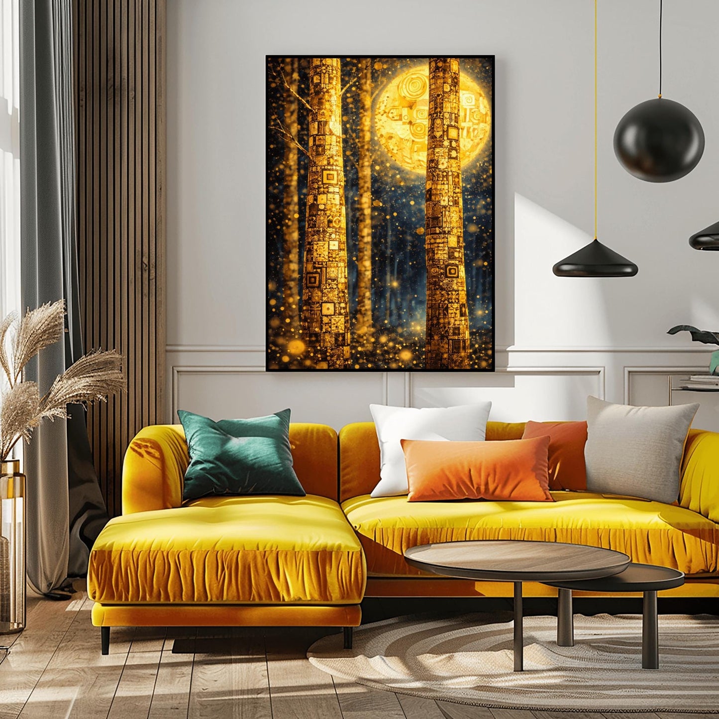 A vertical art print in the style of Gustav Klimt. Two tall tree trunks in the foreground are covered in a dense, golden mosaic of squares, circles, and intricate geometric patterns. In the background, a large, glowing golden moon with swirling patterns hangs in a dark blue forest. The entire scene is filled with shimmering golden light particles and soft bokeh orbs, creating a luminous and magical atmosphere.