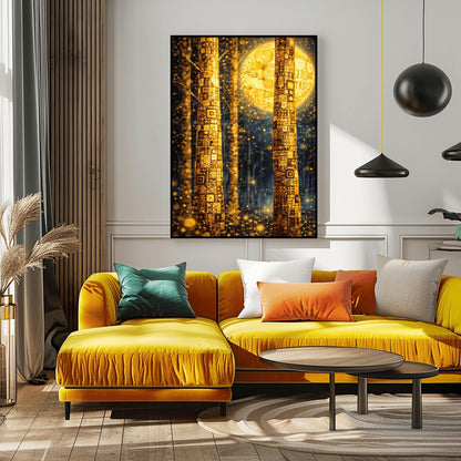 A vertical art print in the style of Gustav Klimt. Two tall tree trunks in the foreground are covered in a dense, golden mosaic of squares, circles, and intricate geometric patterns. In the background, a large, glowing golden moon with swirling patterns hangs in a dark blue forest. The entire scene is filled with shimmering golden light particles and soft bokeh orbs, creating a luminous and magical atmosphere.