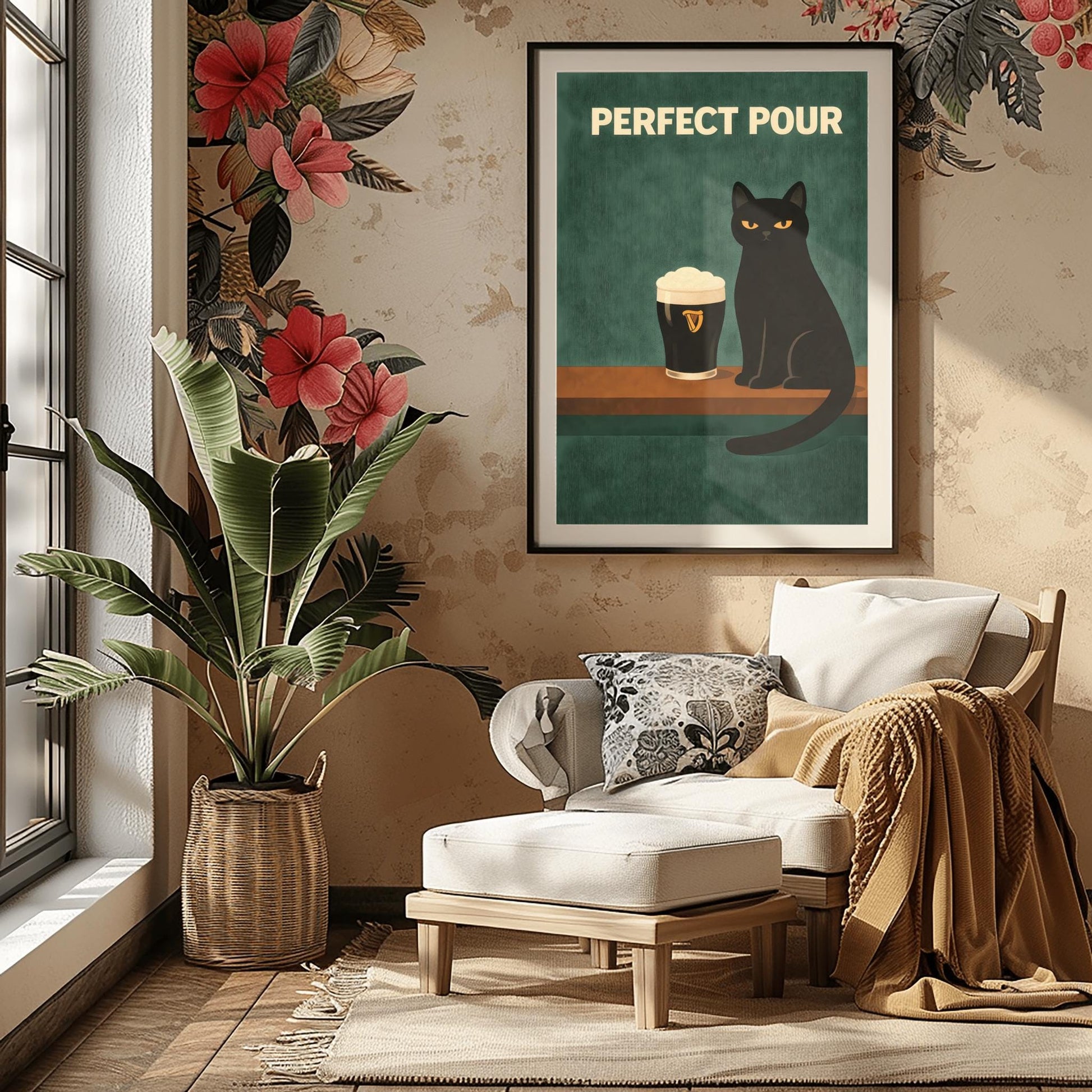 A vertical modern illustration of a sleek black cat with yellow eyes sitting on a wooden bar ledge next to a pint of Guinness. The text "PERFECT POUR" is written in bold cream letters at the top. The background is a dark, textured teal-green.