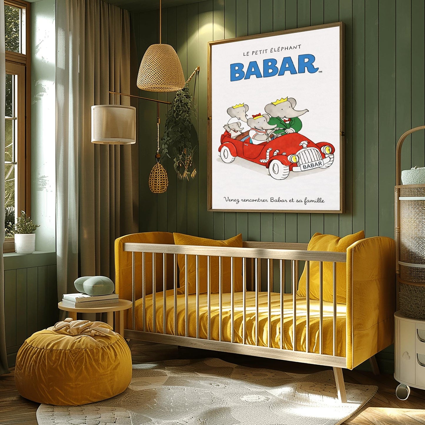 A vertical children's illustration poster. At the top, "LE PETIT ÉLÉPHANT" is written in small letters above the word "BABAR" in large blue block letters. In the center, four elephants are riding in a bright red vintage open-top convertible. A young elephant is driving, Babar is in the passenger seat in a green suit, and two smaller elephants are in the back. The car has a "BABAR" license plate. The text at the bottom says "Venez rencontrer Babar et sa famille."