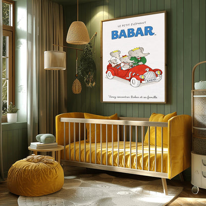 A vertical children's illustration poster. At the top, "LE PETIT ÉLÉPHANT" is written in small letters above the word "BABAR" in large blue block letters. In the center, four elephants are riding in a bright red vintage open-top convertible. A young elephant is driving, Babar is in the passenger seat in a green suit, and two smaller elephants are in the back. The car has a "BABAR" license plate. The text at the bottom says "Venez rencontrer Babar et sa famille."