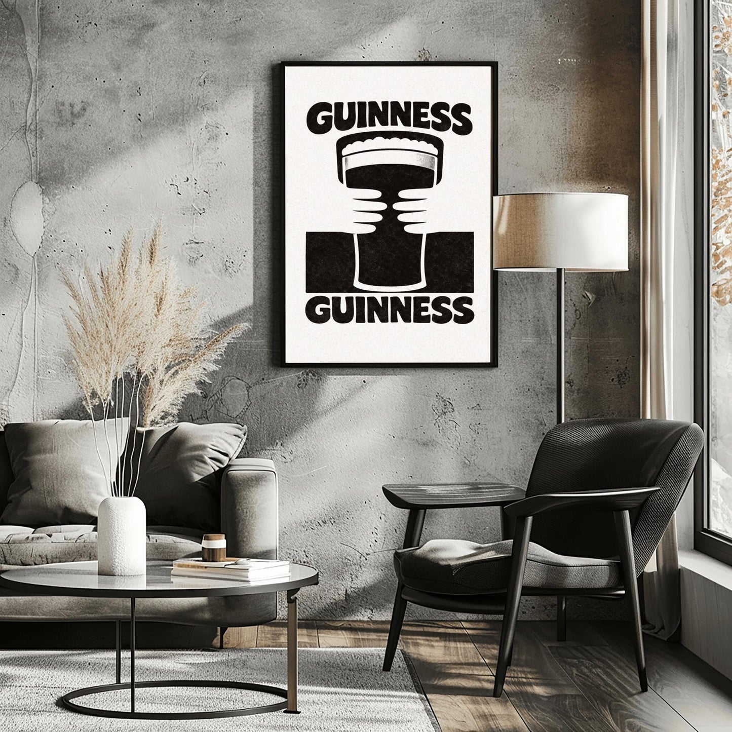 A vertical black and white minimalist graphic. Two white hands hold a central pint of Guinness from both sides. The word "GUINNESS" appears in bold black text both at the top and the bottom of the cream-colored background.