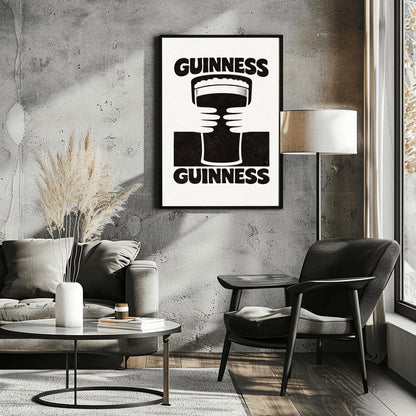 A vertical black and white minimalist graphic. Two white hands hold a central pint of Guinness from both sides. The word "GUINNESS" appears in bold black text both at the top and the bottom of the cream-colored background.