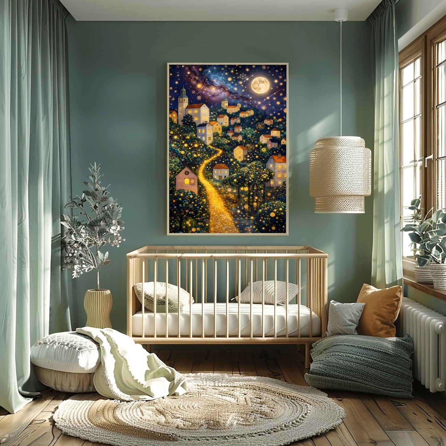 A vertical fine art painting in the style of Gustav Klimt. A hillside village with white houses and orange roofs is illuminated by a large, textured golden moon and a swirling starlit sky. A bright, glowing golden path winds through the village houses and mosaic-patterned trees. At the bottom, a dark sea reflects the shimmering lights. The style is highly decorative with gold leaf textures.