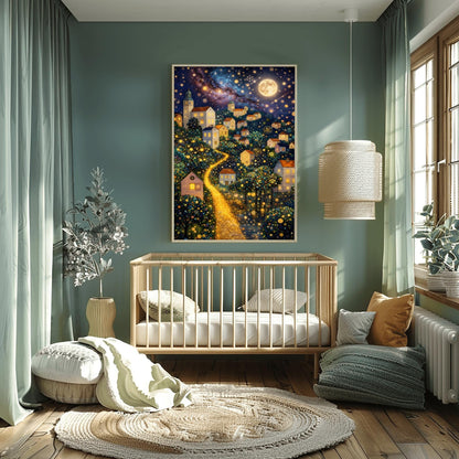 A vertical fine art painting in the style of Gustav Klimt. A hillside village with white houses and orange roofs is illuminated by a large, textured golden moon and a swirling starlit sky. A bright, glowing golden path winds through the village houses and mosaic-patterned trees. At the bottom, a dark sea reflects the shimmering lights. The style is highly decorative with gold leaf textures.