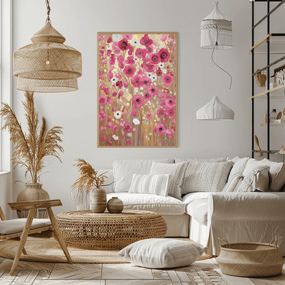 A vertical fine art print in the style of Gustav Klimt. A dense field of vibrant pink and soft white poppies grows against a shimmering, ornate gold leaf background. The scene is filled with golden spirals, geometric patterns, and delicate stems, creating a rich, mosaic-like floral tapestry.