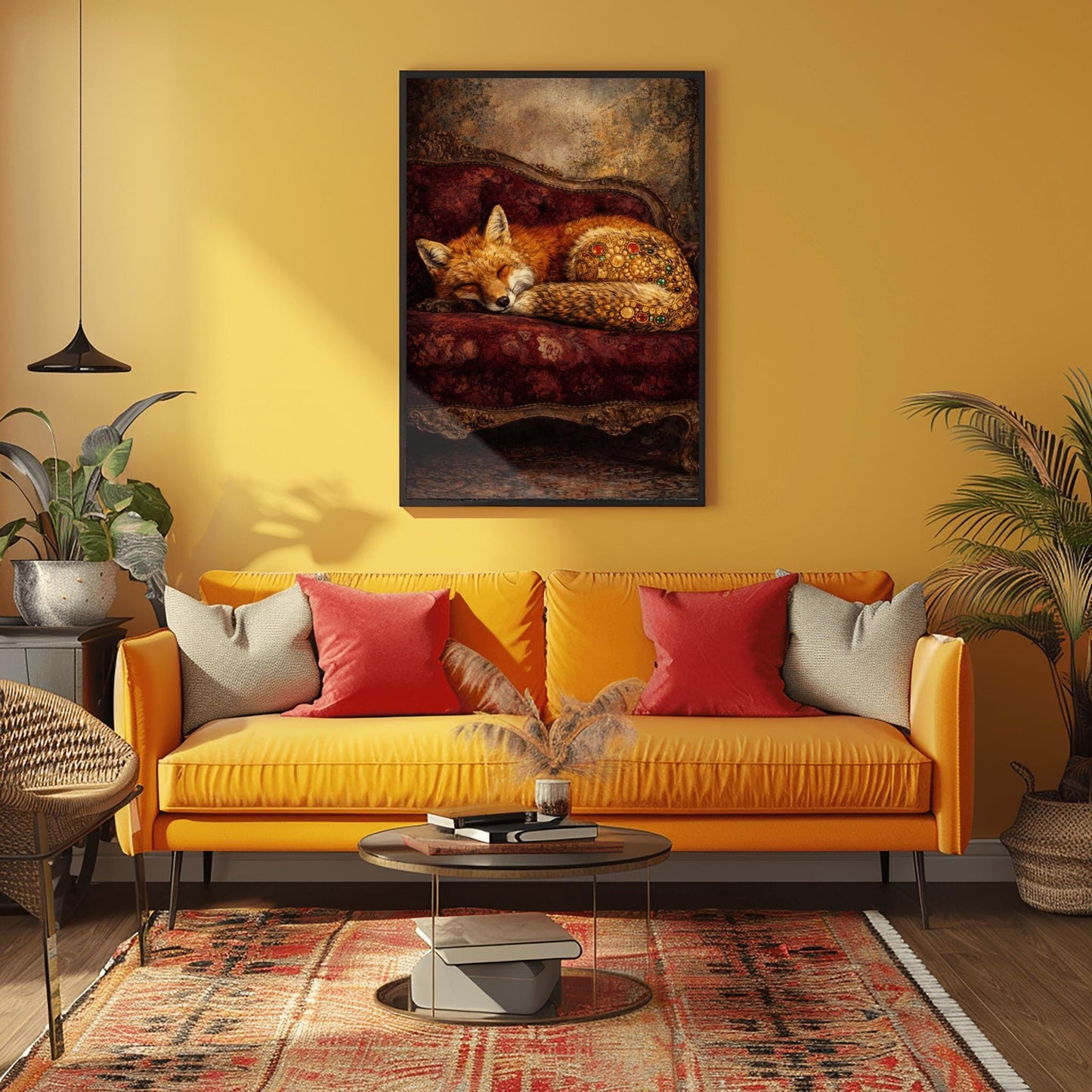 Gustav Klimt Sleeping Fox Art - Ornamental Surrealism Forest Animal Print - Luxury Gold & Crimson Velvet Decor - Gilded Red Fox Fine Art - Moody Maximalist Wall Decor