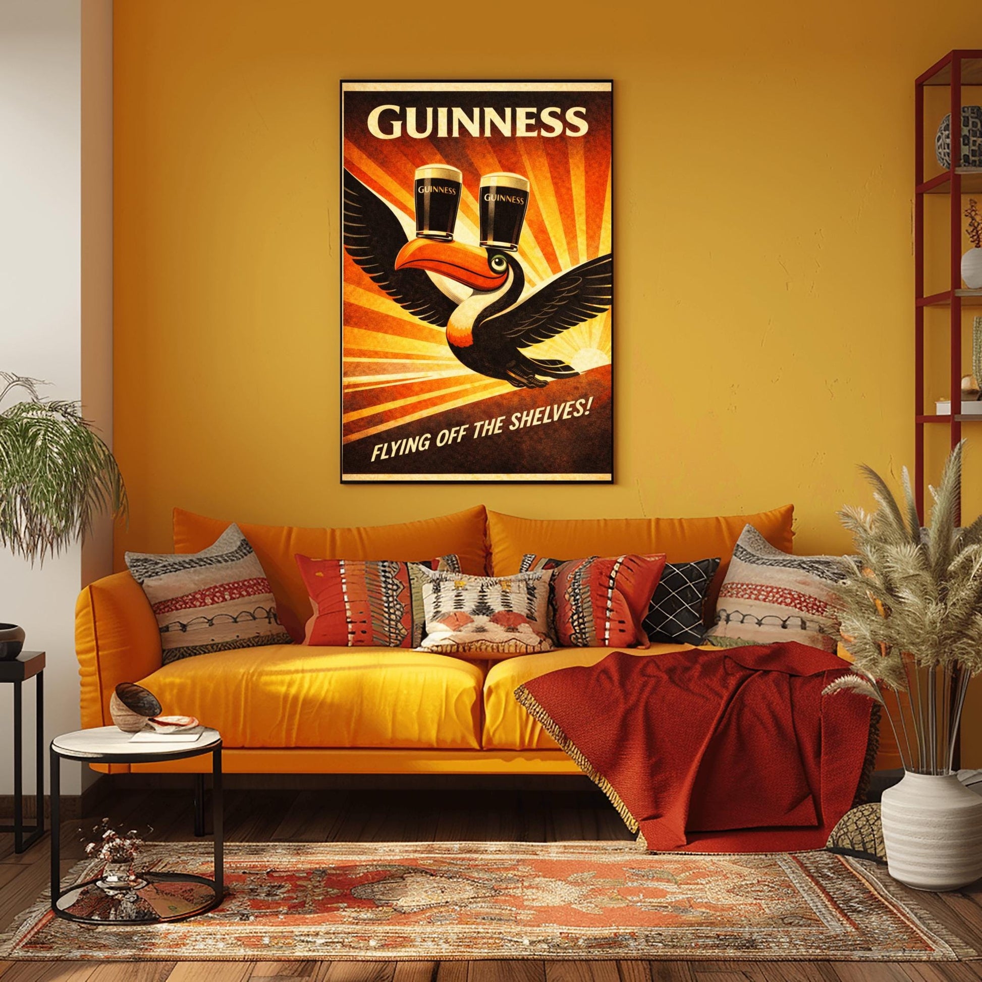 A vertical vintage-style advertising poster for Guinness. A toucan flies upward towards the top left, balancing two pints of beer on its beak. A large orange sunburst radiates from the bottom right background. Text at the top reads "GUINNESS" and the bottom reads "FLYING OFF THE SHELVES!"