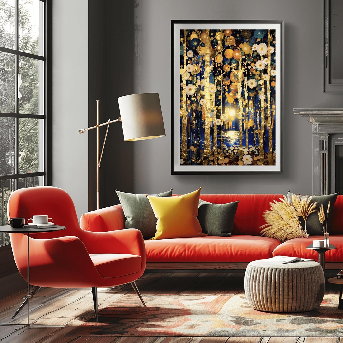 A vertical fine art print in the style of Gustav Klimt. Slender, textured gold leaf tree trunks stand against a dark midnight blue background. The sky and ground are filled with glowing white and gold circular flower patterns. In the center, a distant moon reflects in a small pool of water.