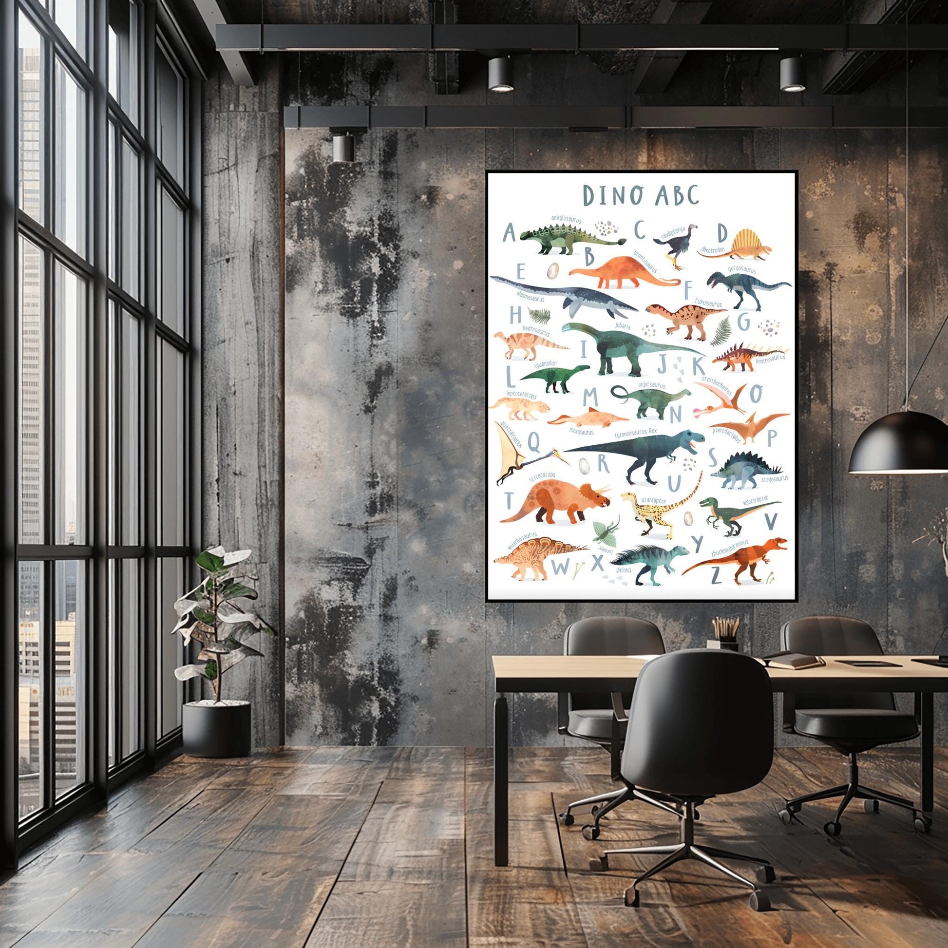 Educational dinosaur alphabet poster for kids featuring A–Z illustrated dinos with names, ideal for nursery or preschool wall decor.