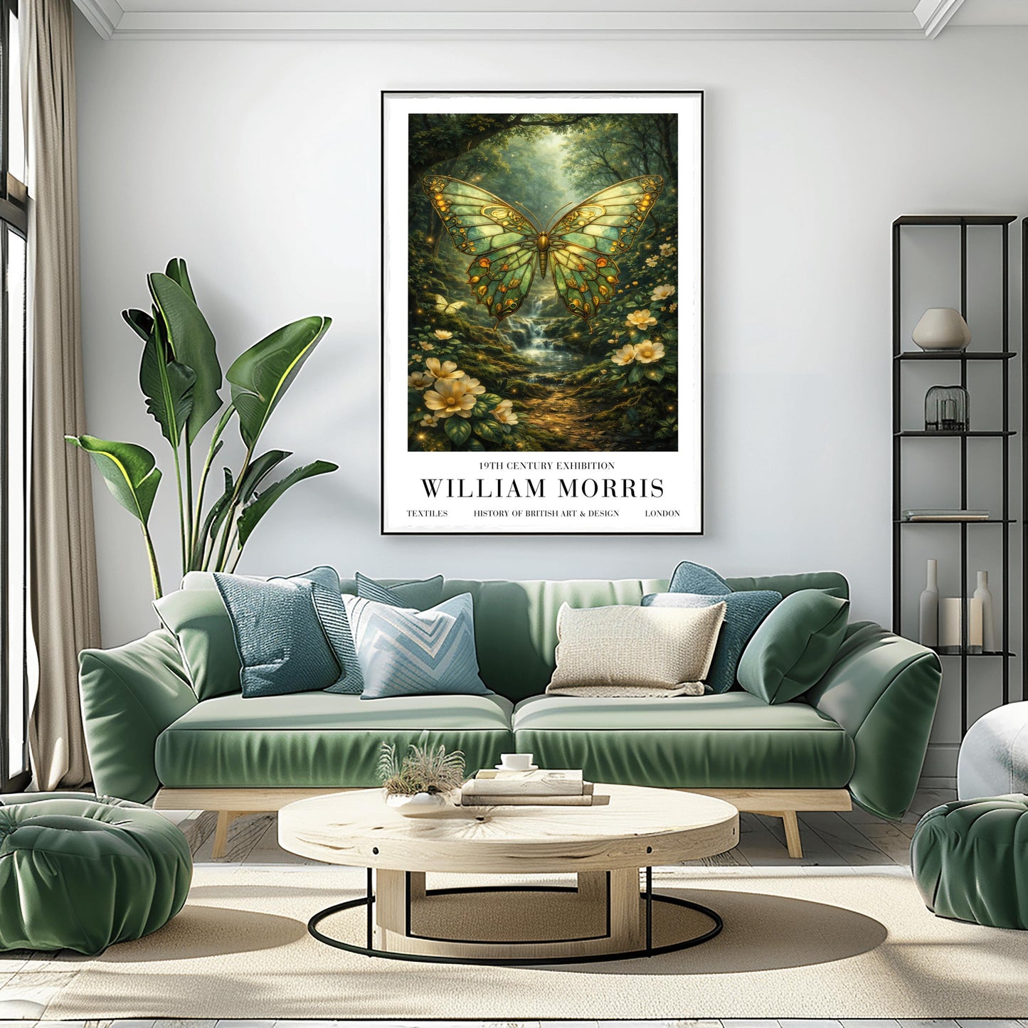 A vertical exhibition poster titled "WILLIAM MORRIS: 19th Century Exhibition". The central artwork features a large butterfly with intricate emerald and gold wings that resemble stained glass. It hovers over a lush forest scene with a small waterfall, sunlight streaming through the trees, and white flowers in the foreground. The bottom features a clean white border with bold black text reading "TEXTILES," "HISTORY OF BRITISH ART & DESIGN," and "LONDON".
