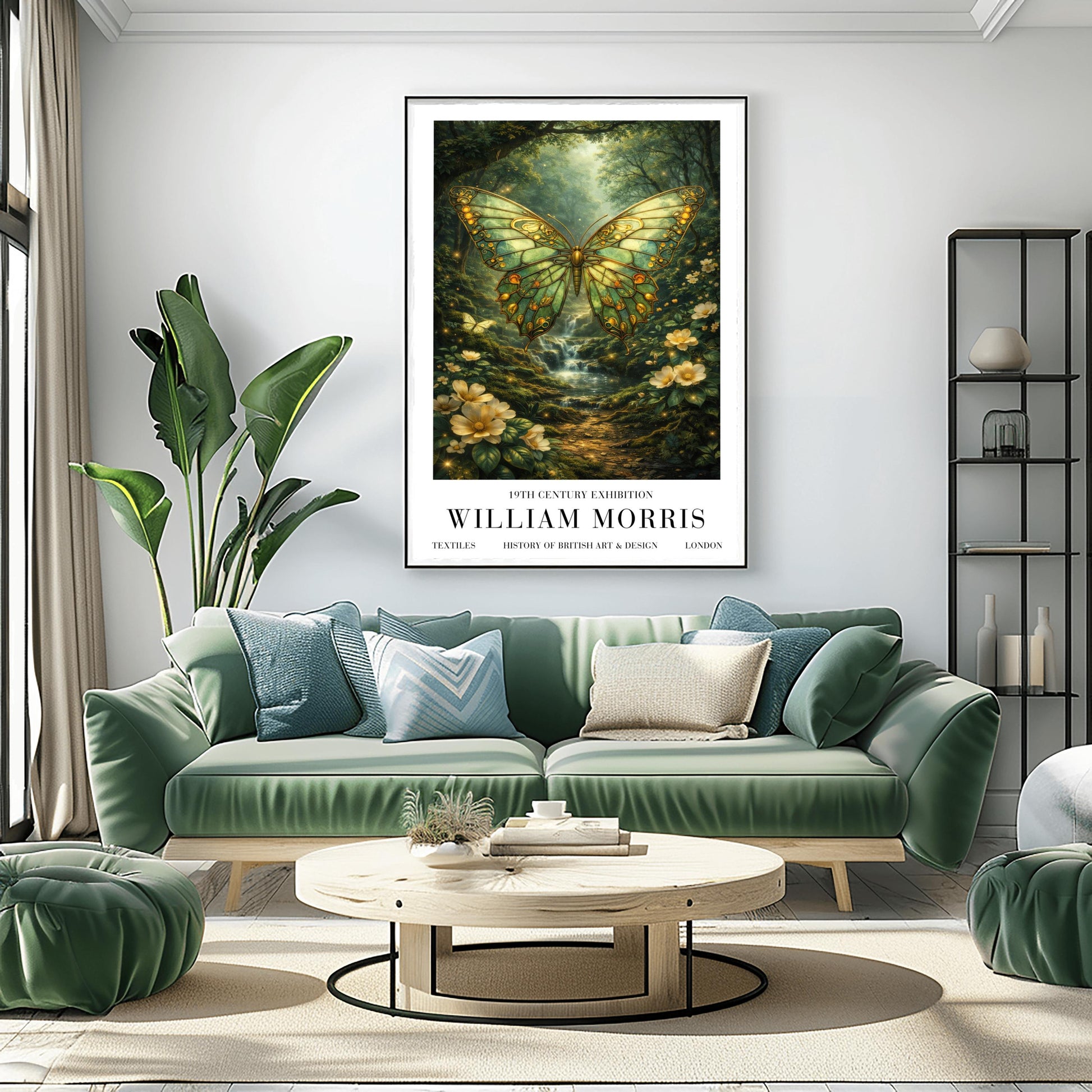 A vertical exhibition poster titled "WILLIAM MORRIS: 19th Century Exhibition". The central artwork features a large butterfly with intricate emerald and gold wings that resemble stained glass. It hovers over a lush forest scene with a small waterfall, sunlight streaming through the trees, and white flowers in the foreground. The bottom features a clean white border with bold black text reading "TEXTILES," "HISTORY OF BRITISH ART & DESIGN," and "LONDON".