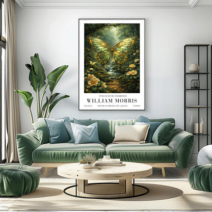 A vertical exhibition poster titled "WILLIAM MORRIS: 19th Century Exhibition". The central artwork features a large butterfly with intricate emerald and gold wings that resemble stained glass. It hovers over a lush forest scene with a small waterfall, sunlight streaming through the trees, and white flowers in the foreground. The bottom features a clean white border with bold black text reading "TEXTILES," "HISTORY OF BRITISH ART & DESIGN," and "LONDON".