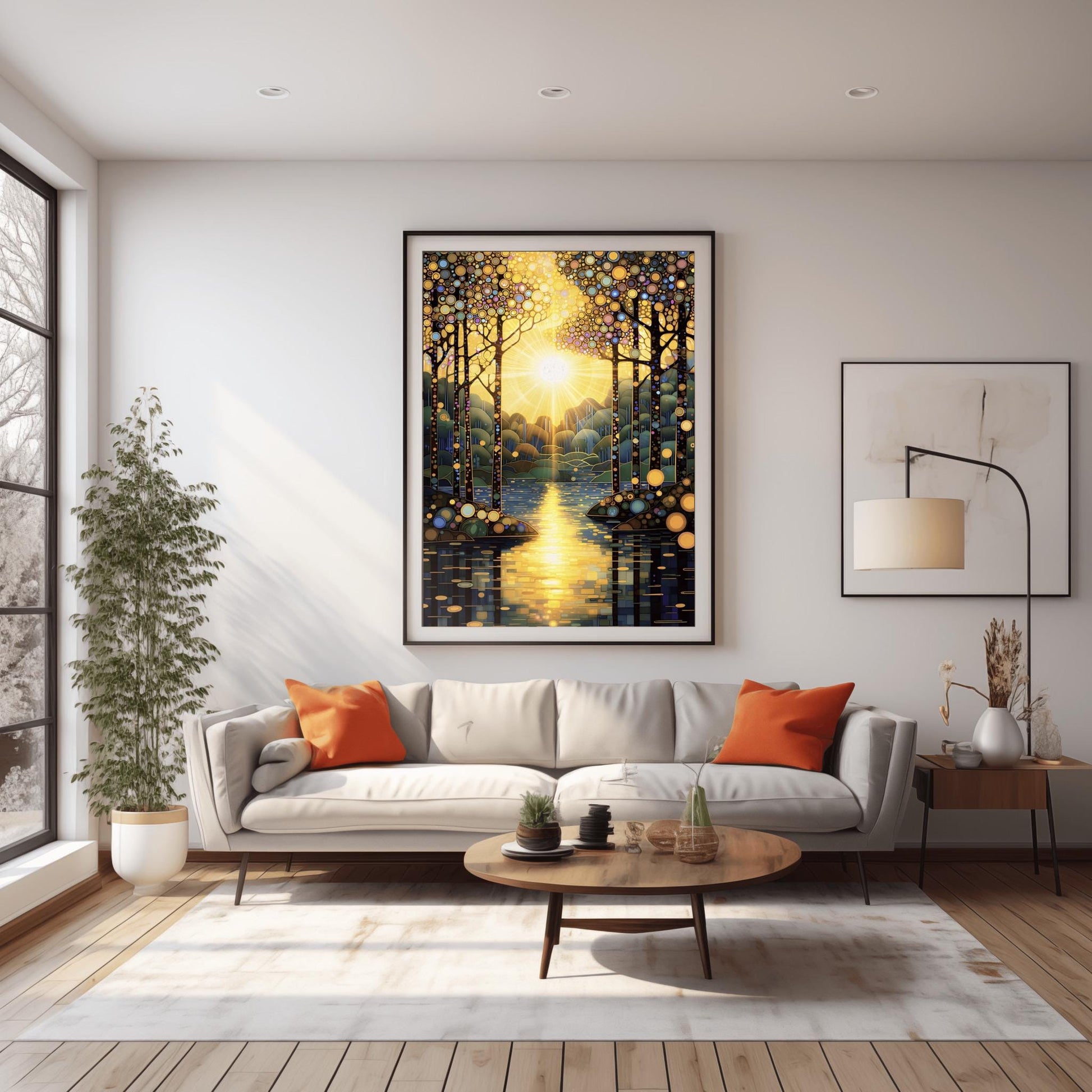A vertical fine art painting in the style of Gustav Klimt. A brilliant sun is centered in the sky, emitting golden rays that look like stained glass panes. Slender trees with colorful mosaic patterns on their bark frame a calm lake. The water reflects the golden sun in a series of horizontal mosaic tiles. The overall palette is brilliant gold, warm amber, and deep teal.