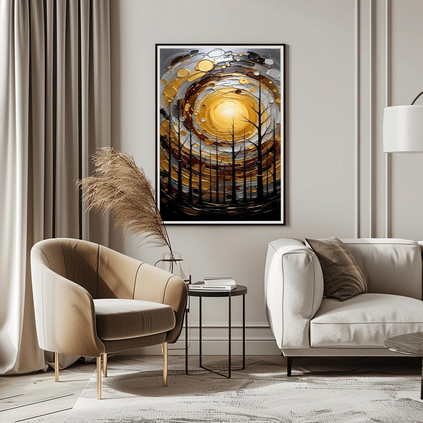 A vertical abstract painting in the style of Gustav Klimt. A group of black, silhouetted tree trunks stand in the foreground against a massive, swirling sun composed of concentric rings of gold, silver, and cream. The background is a dark, moody grey. The style features heavy, thick paint textures and metallic-looking circular accents scattered throughout.