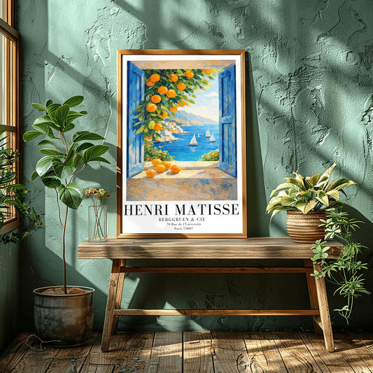 A vertical painterly illustration of a view through an open window with blue shutters. A branch with many bright oranges hangs in the top left. Outside, white sailboats float on a deep blue sea next to a white hillside village and mountains.