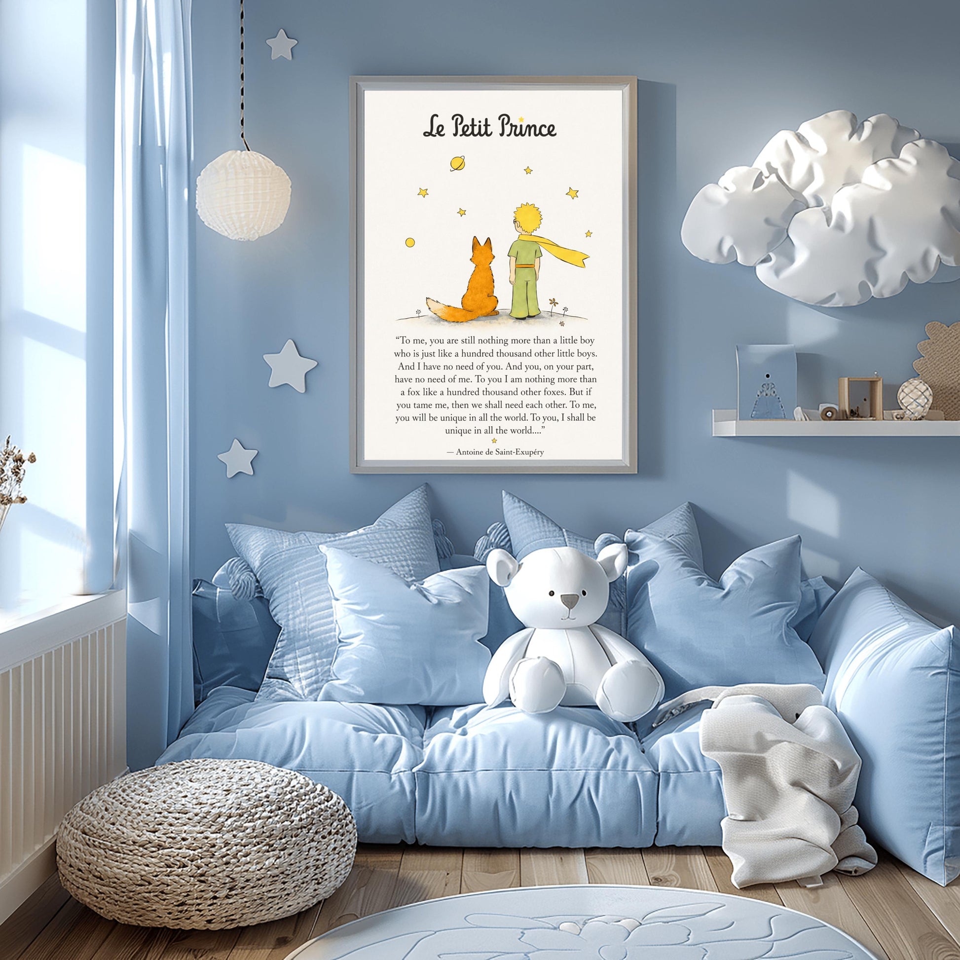 A vertical art print featuring a minimalist illustration of the Little Prince and the Fox from behind. The Prince wears a green suit and a long, flowing yellow scarf, standing next to an orange fox on a small grey mound. Above them are several simple yellow stars and a ringed planet. Below the illustration is a famous quote about "taming" and uniqueness from the book, attributed to Antoine de Saint-Exupéry.