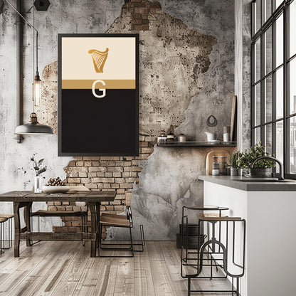 A vertical minimalist graphic art print. The top half is cream-colored with a golden harp icon at the top. A large, white serif letter "G" is centered in the middle but is split in half by a horizontal gold band. The bottom half of the poster is solid, deep black. The design is a modern, graphic tribute to the Guinness brand colors and symbols.
