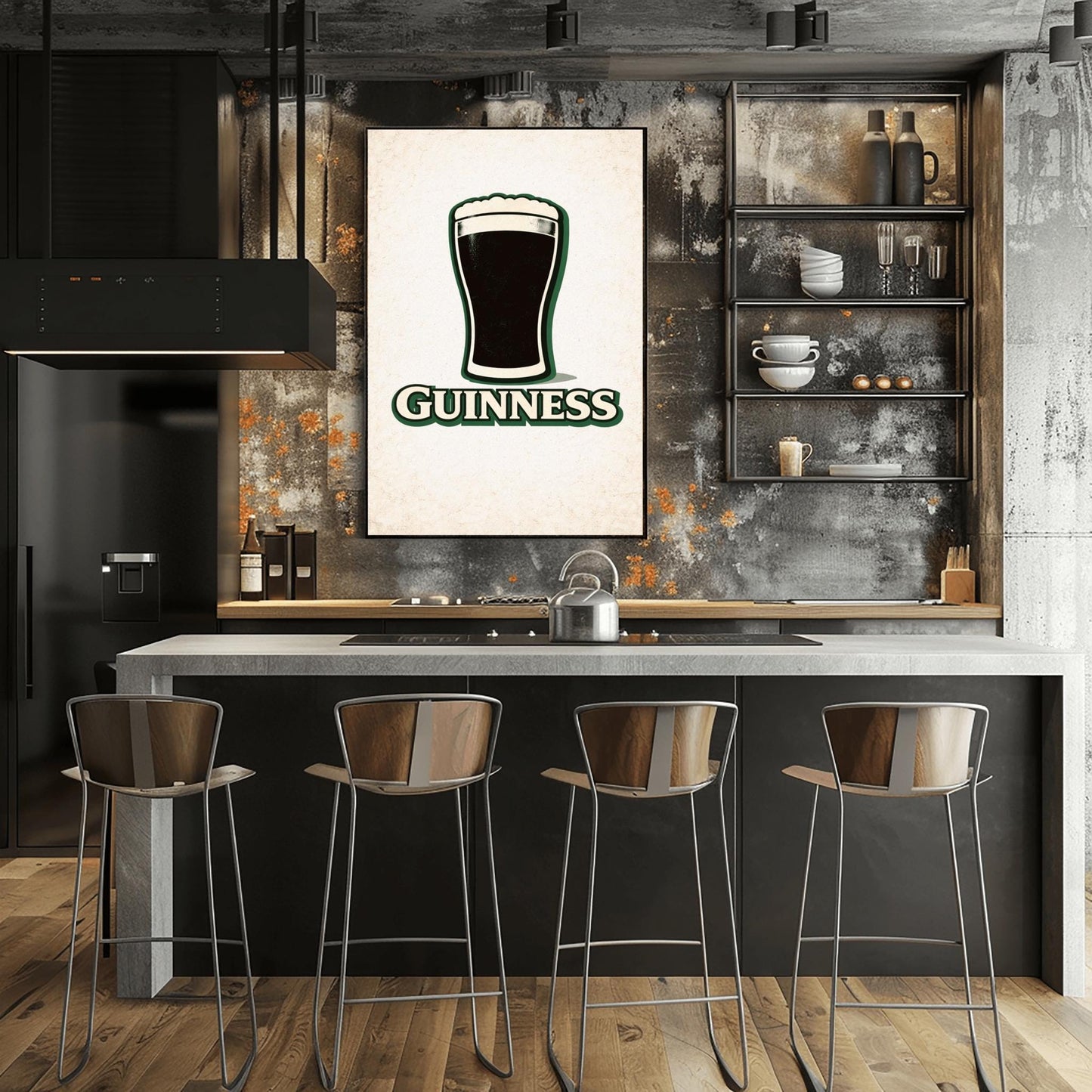 A vertical minimalist graphic of a pint of Guinness on a light cream-textured background. The black pint has a thick white foam head and a green drop shadow. Below the glass, the word "GUINNESS" is written in cream text with a green border.