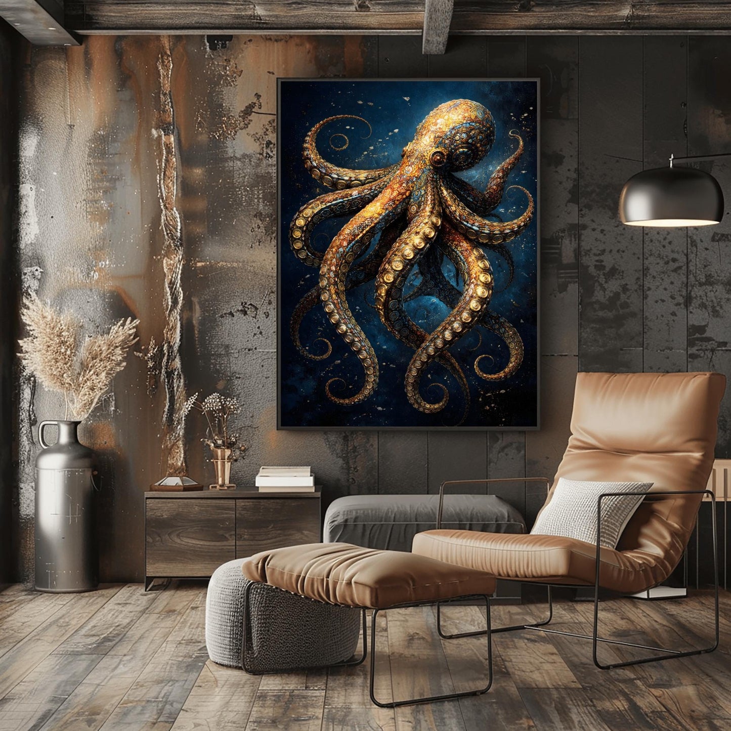 A vertical full-bleed illustration of an octopus in the style of Gustav Klimt. The octopus is decorated with intricate golden mosaic patterns and spirals, floating in a dark navy ocean with tiny sparkling particles. The design is rich in detail and high contrast.