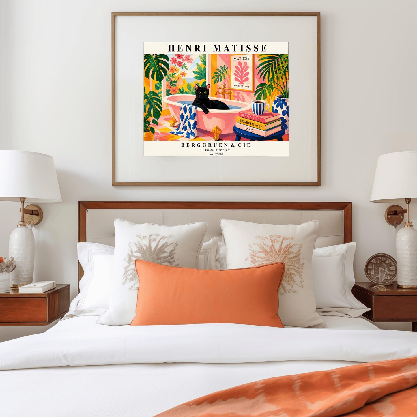 A horizontal art print designed as a Henri Matisse exhibition poster. A sleek black cat sits inside a pink clawfoot bathtub filled with water. The bathroom is vibrant with pink patterned walls, pink and yellow checkered tiles, and numerous large green Monstera plants. Outside the window is a bright garden with pink and orange flowers. A stack of art books and a striped mug sit on a blue stool in the foreground. The poster features bold black text at the top and bottom for "Henri Matisse"